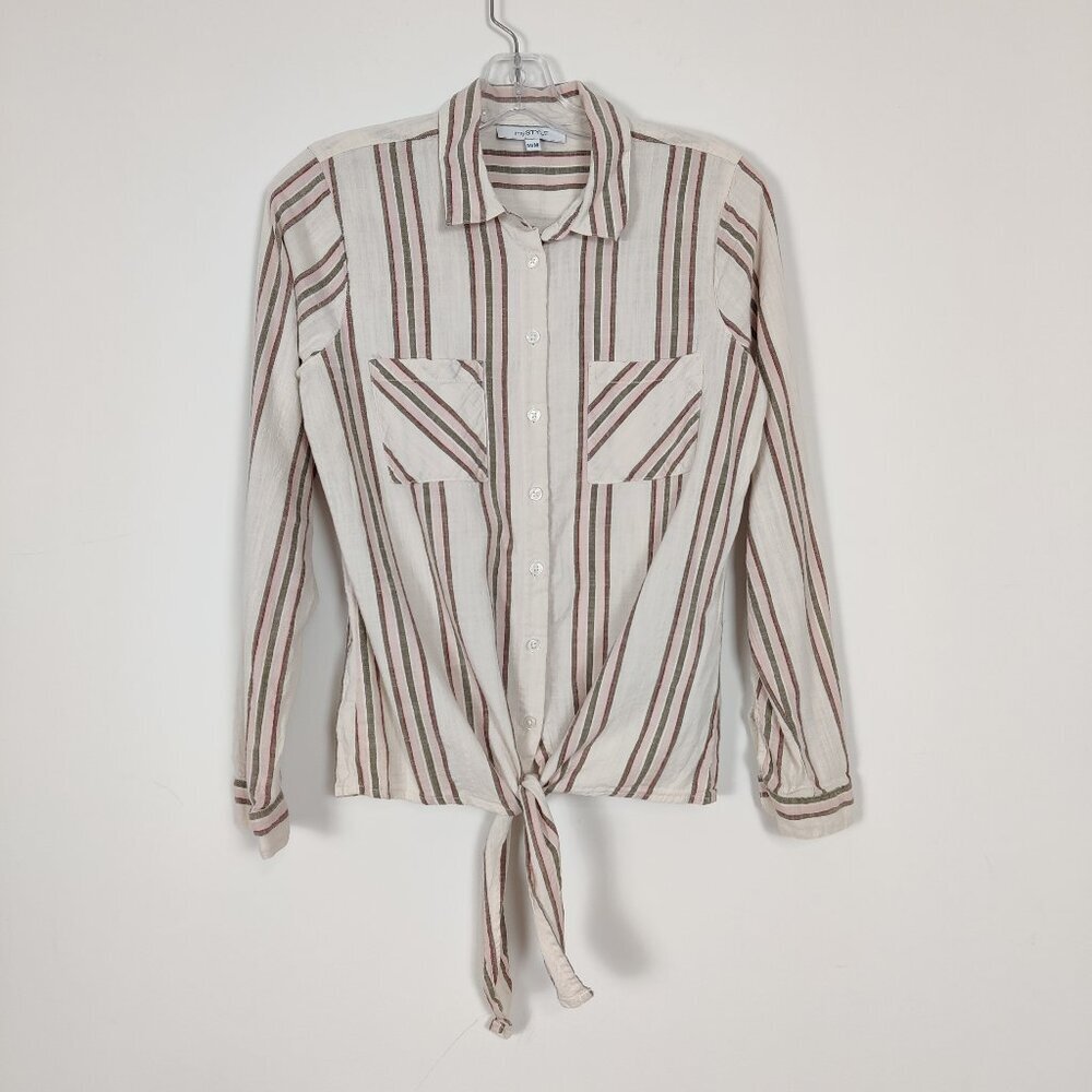 My STYLE Women's Shirt Size M Striped White Green Tie Cotton Viscose Casual Chic